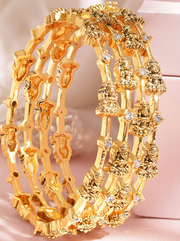 Rubans Set of 4, 22K Gold plated Zirconia Studded Goddess Motif Handcrafted Temple Bangles Bangles & Bracelets