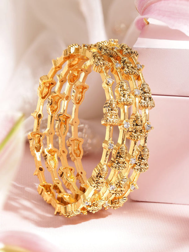 Rubans Set of 4, 22K Gold plated Zirconia Studded Goddess Motif Handcrafted Temple Bangles Bangles & Bracelets