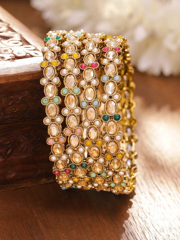 Rubans Set of 4 Antique 18K Gold-Plated Kundan & Pearl Studded Multi-Color Stone Bangles Bangles & Bracelets