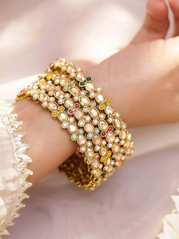 Rubans Set of 4 Antique 18K Gold-Plated Kundan & Pearl Studded Multi-Color Stone Bangles Bangles & Bracelets