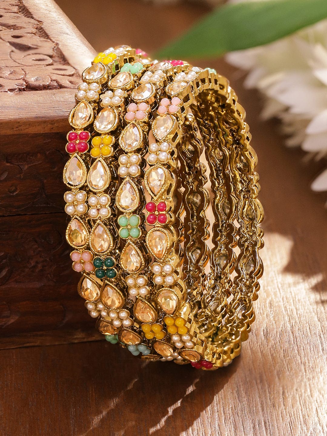 Rubans Set of 4 Antique 18K Gold-Plated Kundan & Pearl Studded Multicolor Floral Bangles Bangles & Bracelets
