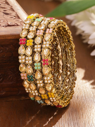Rubans Set of 4 Antique 18K Gold-Plated Kundan & Pearl Studded Multicolor Floral Bangles Bangles & Bracelets