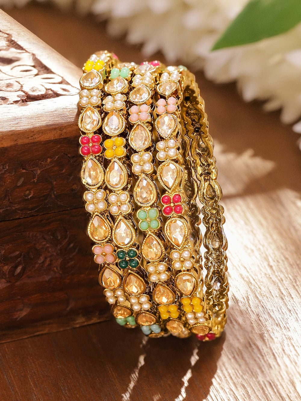 Rubans Set of 4 Antique 18K Gold-Plated Kundan & Pearl Studded Multicolor Floral Bangles Bangles & Bracelets