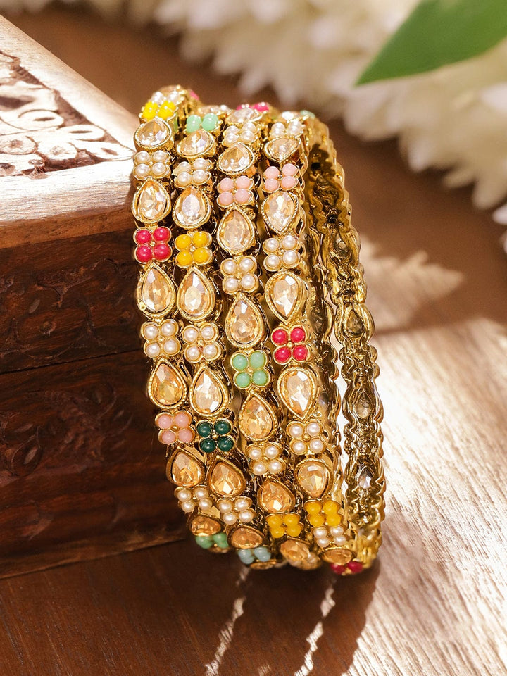 Rubans Set of 4 Antique 18K Gold-Plated Kundan & Pearl Studded Multicolor Floral Bangles Bangles & Bracelets