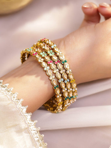 Rubans Set of 4 Antique 18K Gold-Plated Kundan & Pearl Studded Multicolor Floral Bangles Bangles & Bracelets