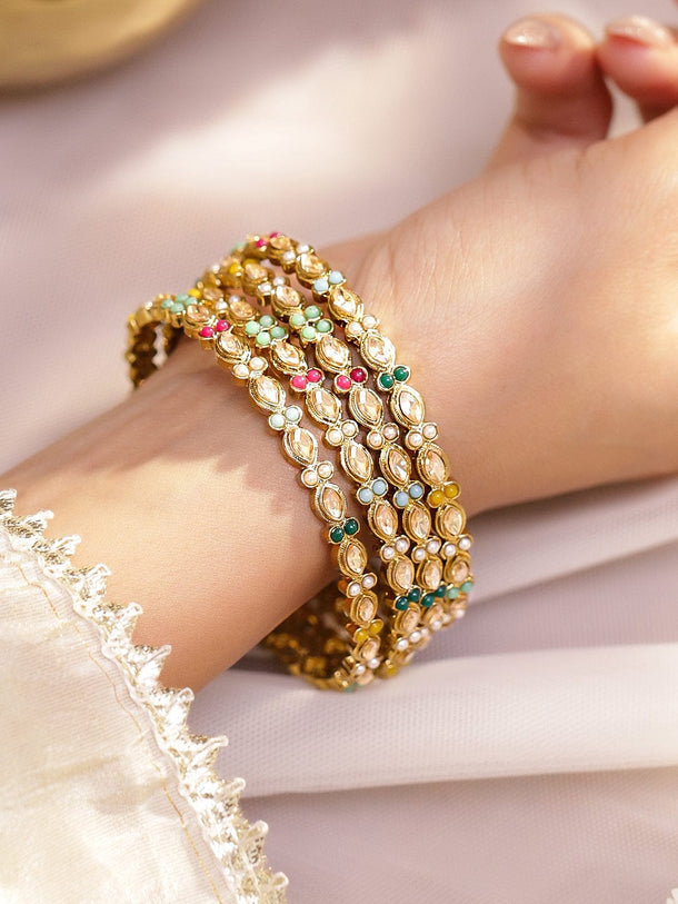 Rubans Set of 4 Antique 18K Gold-Plated Kundan & Pearl Studded Multicolor Floral Bangles Bangles & Bracelets