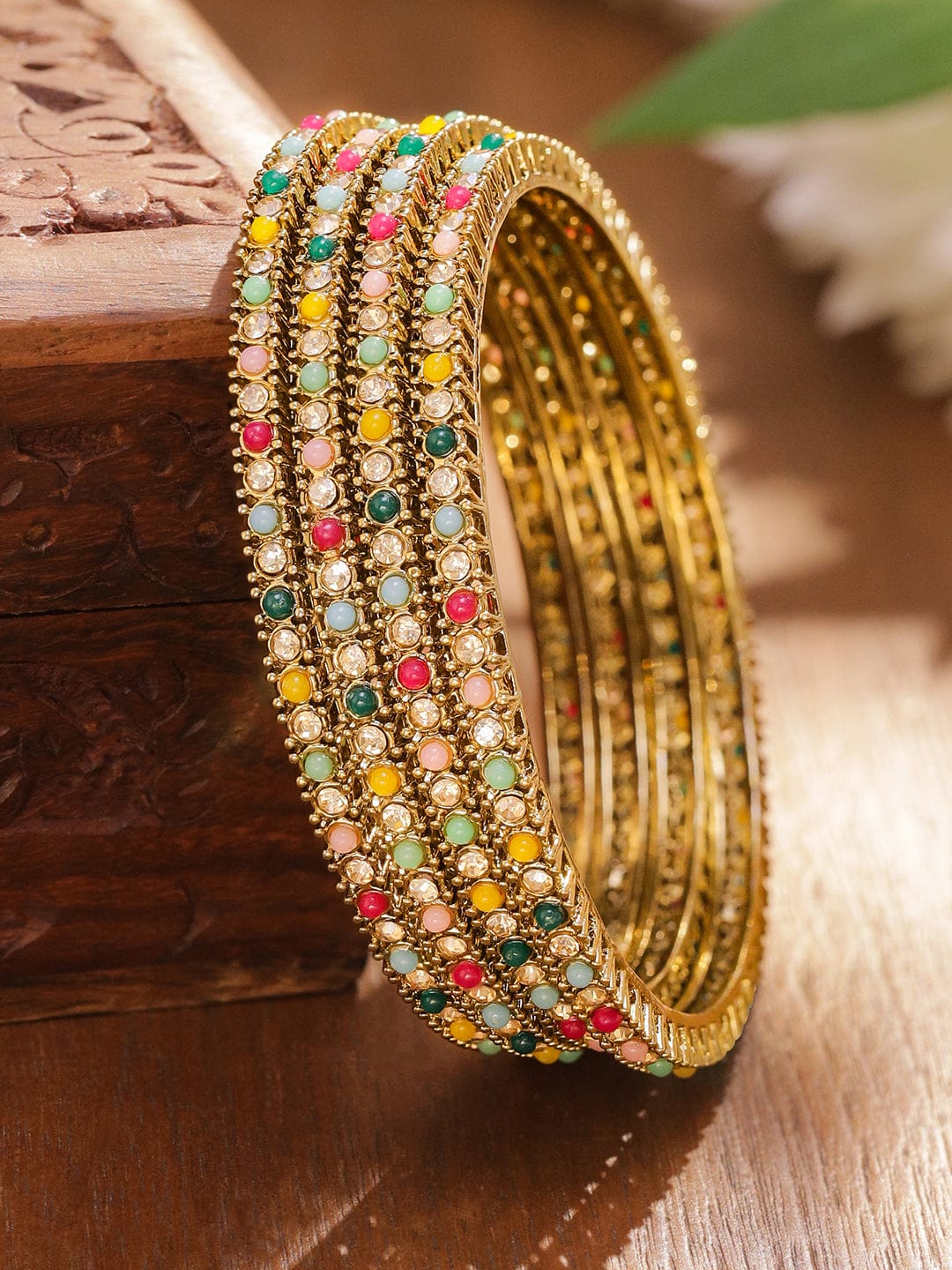 Rubans Set of 4 Antique 18K Gold-Plated Multi-Colour Stone & Mini Pearl Studded Handcrafted Bangles Bangle
