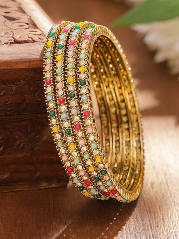 Rubans Set of 4 Antique 18K Gold-Plated Multi-Colour Stone & Mini Pearl Studded Handcrafted Bangles Bangle