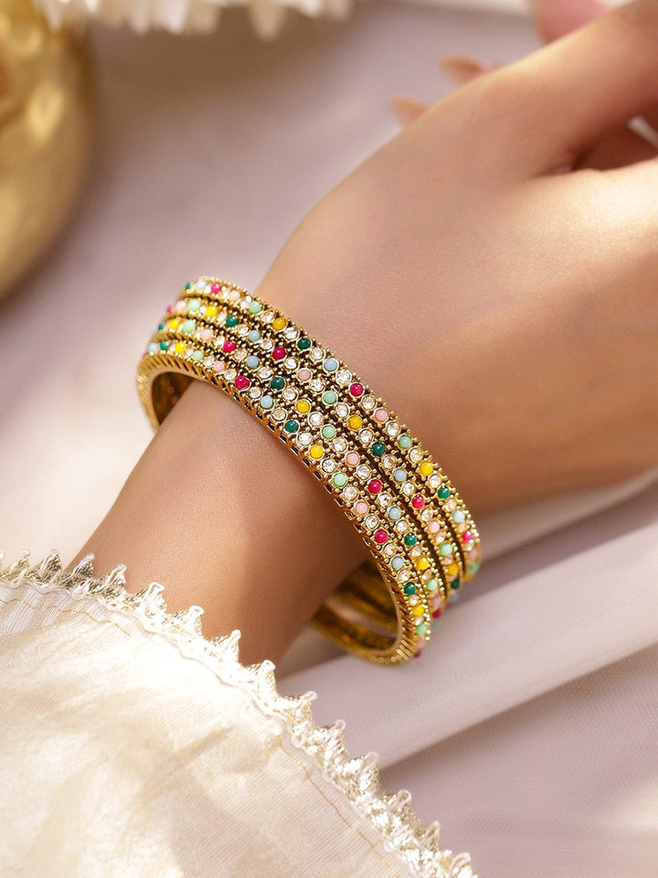 Rubans Set of 4 Antique 18K Gold-Plated Multi-Colour Stone & Mini Pearl Studded Handcrafted Bangles Bangle