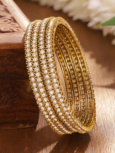 Rubans Set of 4 Antique 18K Gold-Plated White Cubic Zirconia Studded Handcrafted Bangles Bangle