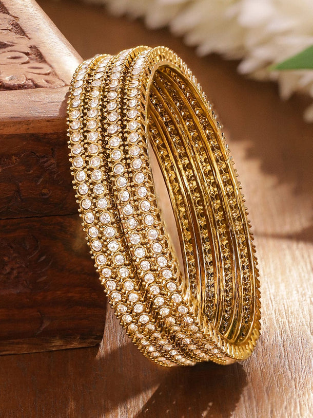 Rubans Set of 4 Antique 18K Gold-Plated White Cubic Zirconia Studded Handcrafted Bangles Bangle