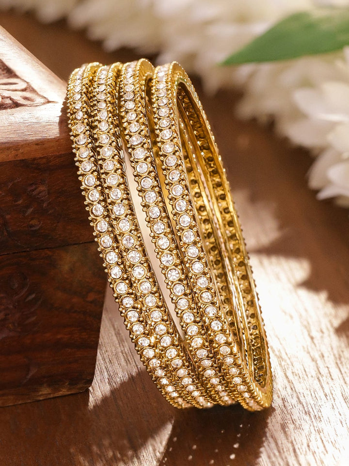Rubans Set of 4 Antique 18K Gold-Plated White Cubic Zirconia Studded Handcrafted Bangles Bangle