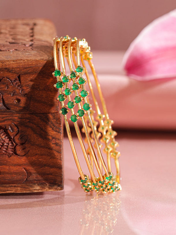 Rubans Set Of 4 Gold-Plated Emerald Stone-Studded Bangles Wristwear