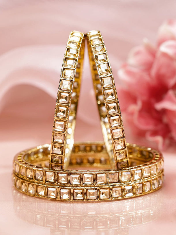 Rubans Set of 4 Mehandi 18K Gold-Plated Square-Cut White Kundan Studded Traditional Bangles Bangles