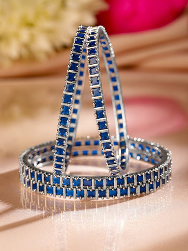 Rubans Set of 4 Rhodium-Plated Blue Cubic Zirconia Studded Handcrafted Premium Bangles for Women Bangles & Bracelets