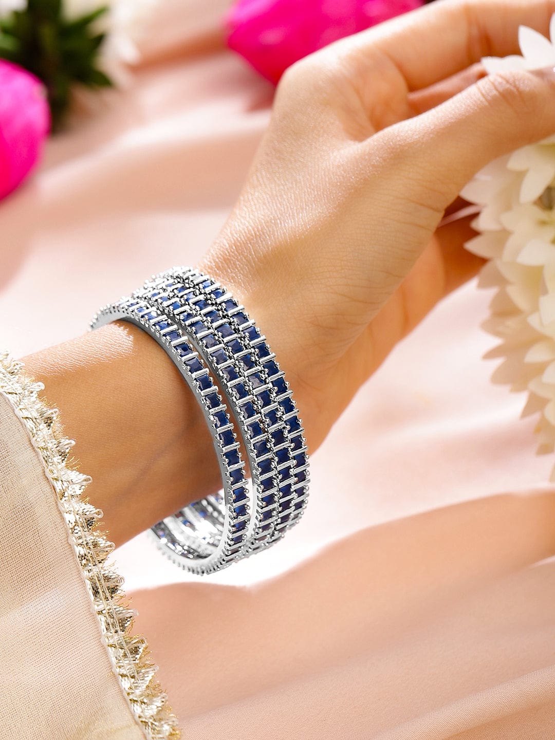Rubans Set of 4 Rhodium-Plated Blue Cubic Zirconia Studded Handcrafted Premium Bangles for Women Bangles & Bracelets