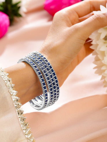 Rubans Set of 4 Rhodium-Plated Blue Cubic Zirconia Studded Handcrafted Premium Bangles for Women Bangles & Bracelets