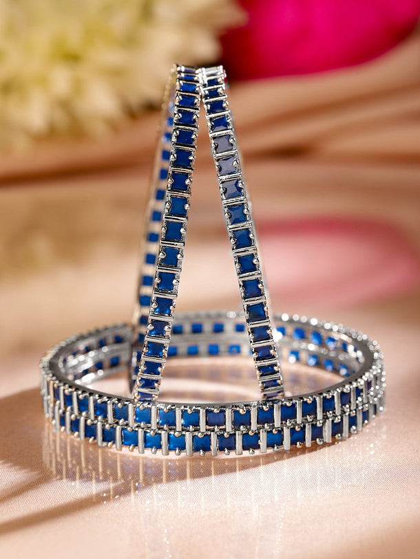 Rubans Set of 4 Rhodium-Plated Blue Cubic Zirconia Studded Handcrafted Premium Bangles for Women Bangles & Bracelets
