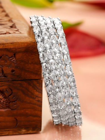 Rubans Set Of 4 Rhodium-Plated Crystal AD & Cubic Zirconia Stone Studded Premium Bangles Bangles