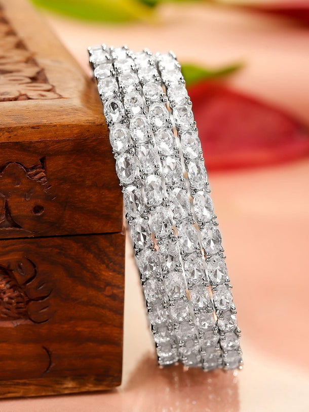 Rubans Set Of 4 Rhodium-Plated Crystal AD & Cubic Zirconia Stone Studded Premium Bangles Bangles