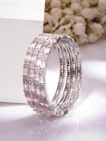 Rubans Set of 4 Rhodium Plated Crystal Pink & White Cubic Zirconia Studded Premium Bangles Bangles & Bracelets