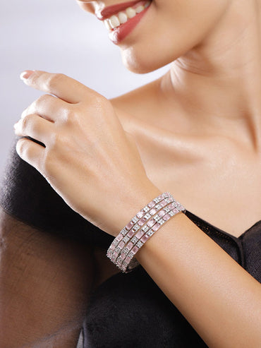 Rubans Set of 4 Rhodium Plated Crystal Pink & White Cubic Zirconia Studded Premium Bangles Bangles & Bracelets