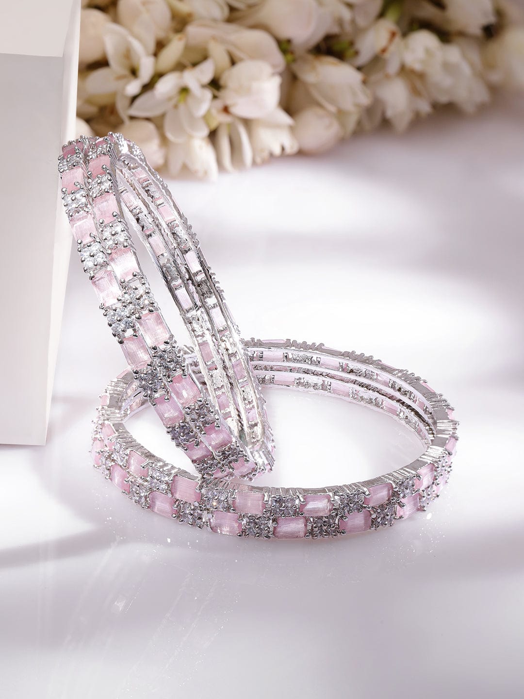 Rubans Set of 4 Rhodium Plated Crystal Pink & White Cubic Zirconia Studded Premium Bangles Bangles & Bracelets