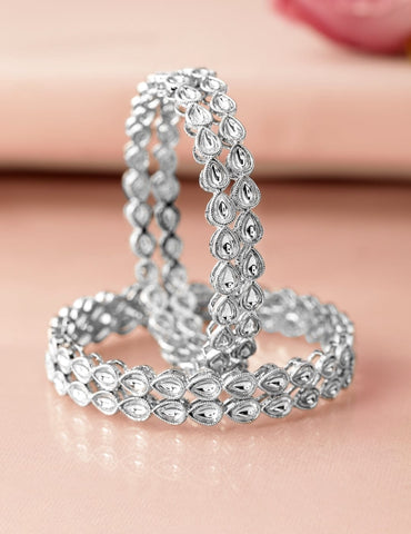 Rubans Set of 4 Rhodium-Plated Crystal White Kundan & Cubic Zirconia Studded Bangle Bangles