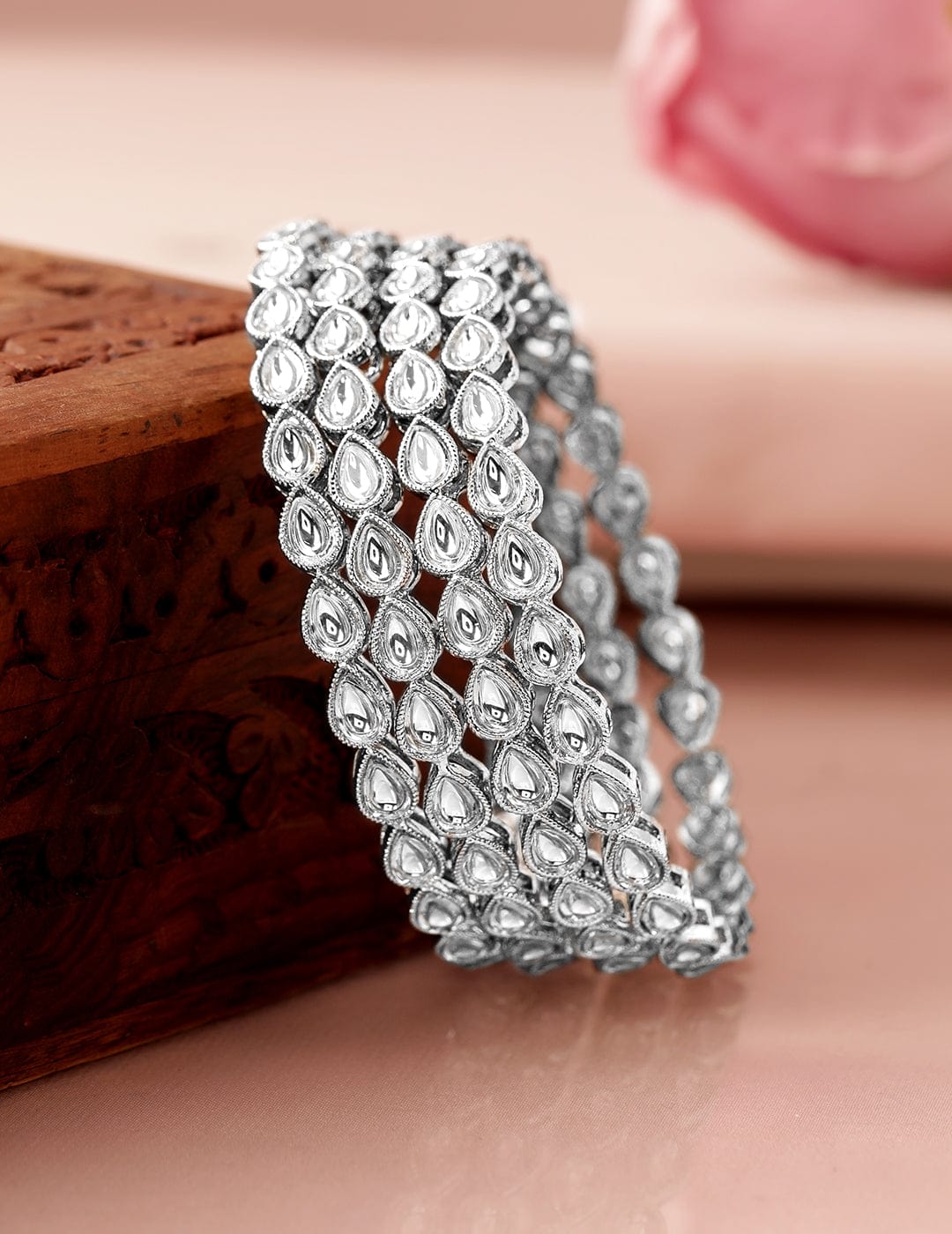 Rubans Set of 4 Rhodium-Plated Crystal White Kundan & Cubic Zirconia Studded Bangle Bangles