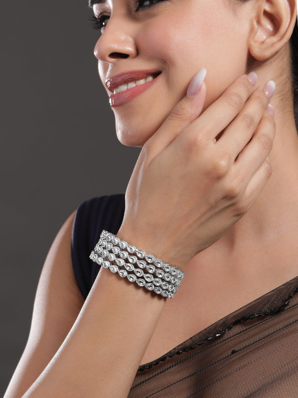 Rubans Set of 4 Rhodium-Plated Crystal White Kundan & Cubic Zirconia Studded Bangle Bangles