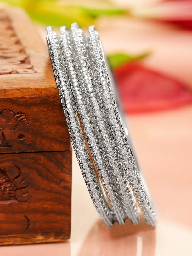 Rubans Set of 4 Rhodium-Plated Cubic Zirconia Stone Studded Luxurious Bangles Bangles & Bracelets
