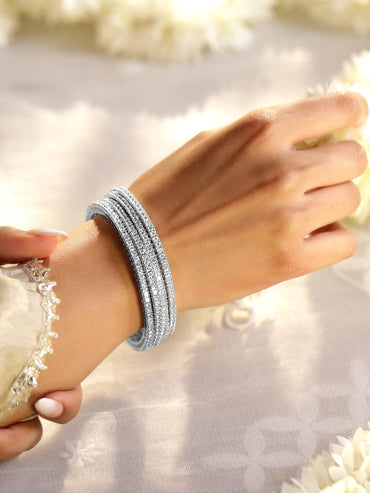 Rubans Set of 4 Rhodium-Plated Cubic Zirconia Studded Premium Handcrafted Bangles Bangles & Bracelets