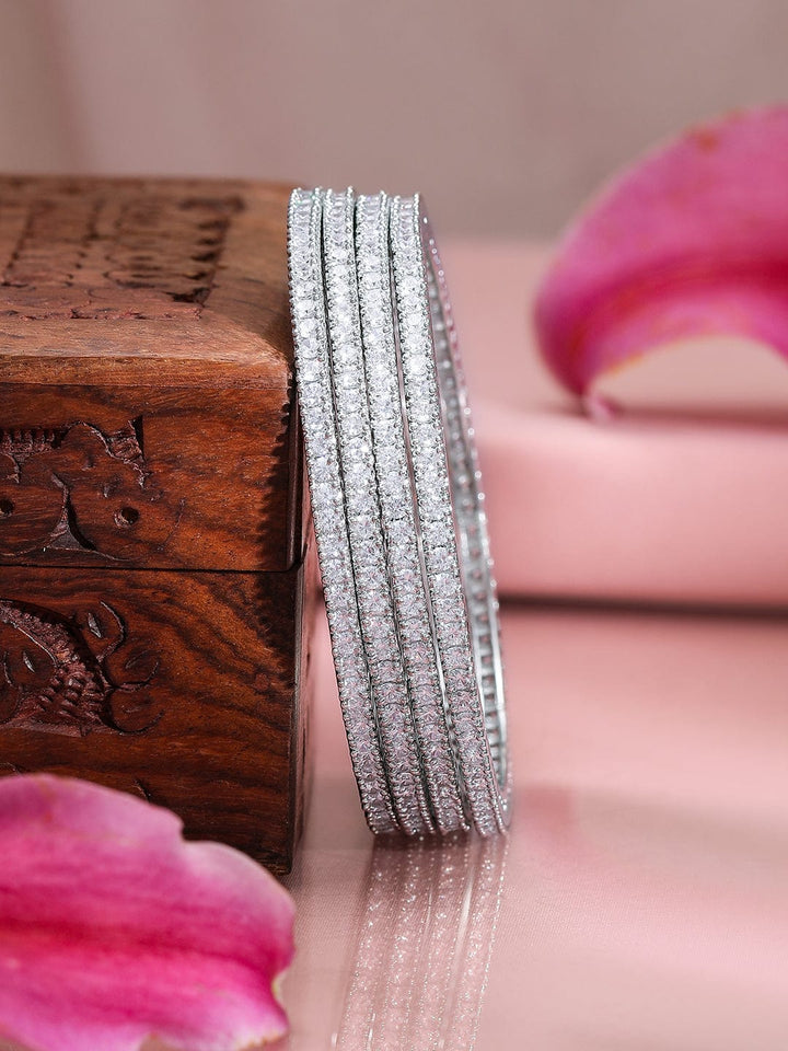 Rubans Set Of 4 Rhodium Plated CZ Studded Bangles Bangles & Bracelets