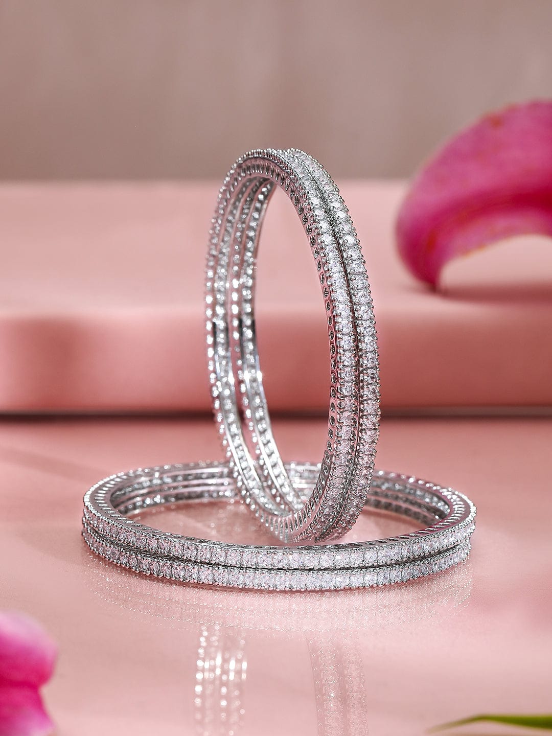 Rubans Set Of 4 Rhodium Plated CZ Studded Bangles Bangles & Bracelets