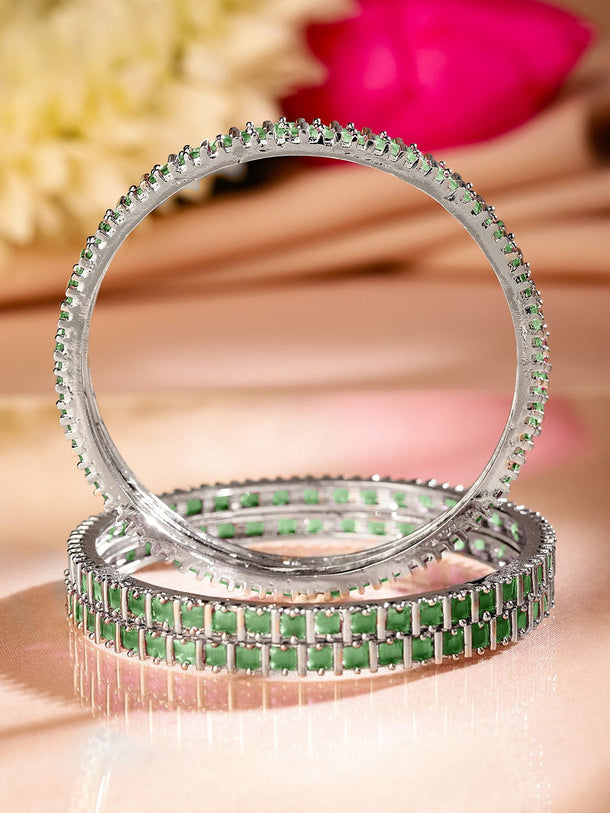 Rubans Set of 4 Rhodium Plated Emerald Green Square-Cut Cubic Zirconia Studded Bangles Bangle