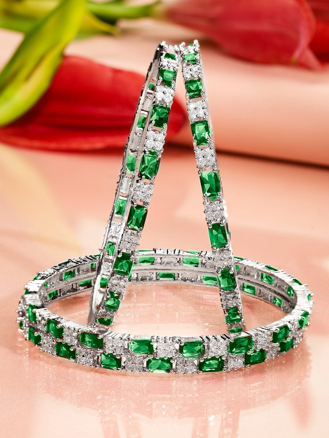 Rubans Set of 4 Rhodium-Plated Emerald Green & White Cubic Zirconia Studded Bangles Bangles & Bracelets