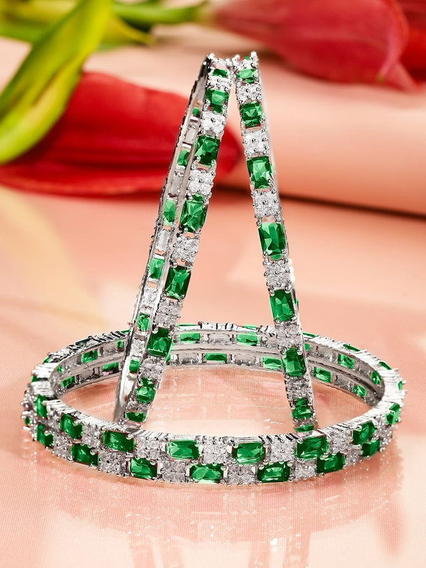 Rubans Set of 4 Rhodium-Plated Emerald Green & White Cubic Zirconia Studded Bangles Bangles & Bracelets