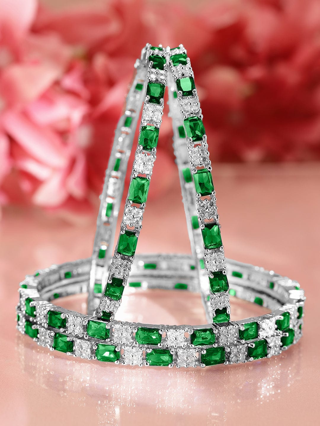 Rubans Set of 4 Rhodium-Plated Emerald Green & White Cubic Zirconia Studded Bangles Bangles & Bracelets