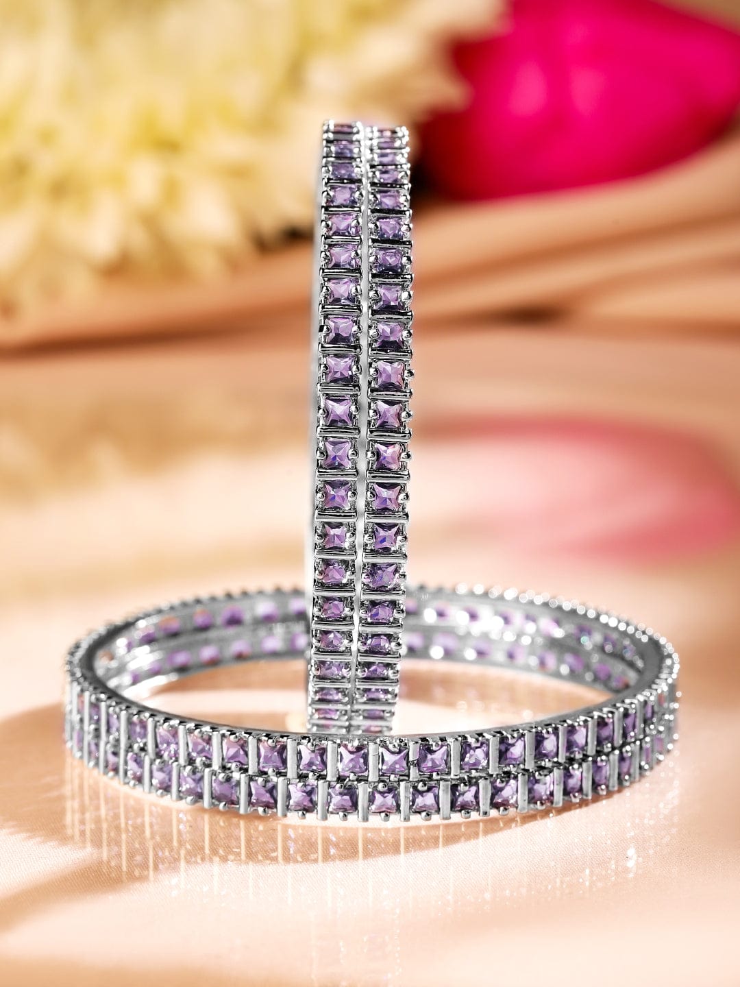 Rubans Set of 4 Rhodium-Plated Lavender Cubic Zirconia Studded Handcrafted Premium Bangles Bangles & Bracelets