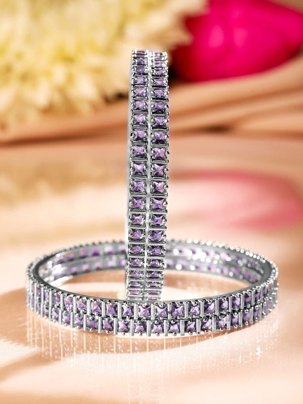 Rubans Set of 4 Rhodium-Plated Lavender Cubic Zirconia Studded Handcrafted Premium Bangles Bangles & Bracelets