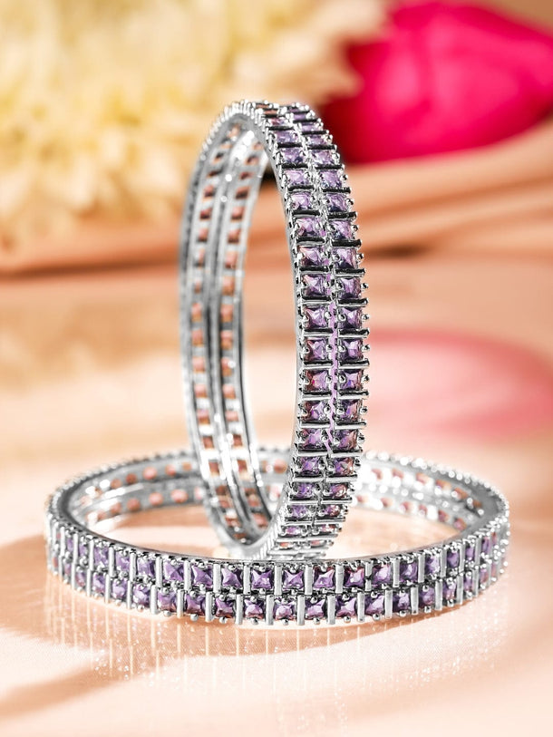 Rubans Set of 4 Rhodium-Plated Lavender Cubic Zirconia Studded Handcrafted Premium Bangles Bangles & Bracelets