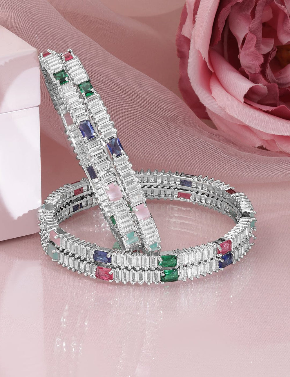 Rubans Set of 4 Rhodium-Plated Multicolor AD and Cubic Zirconia Studded Premium Bangles Bangles & Bracelets