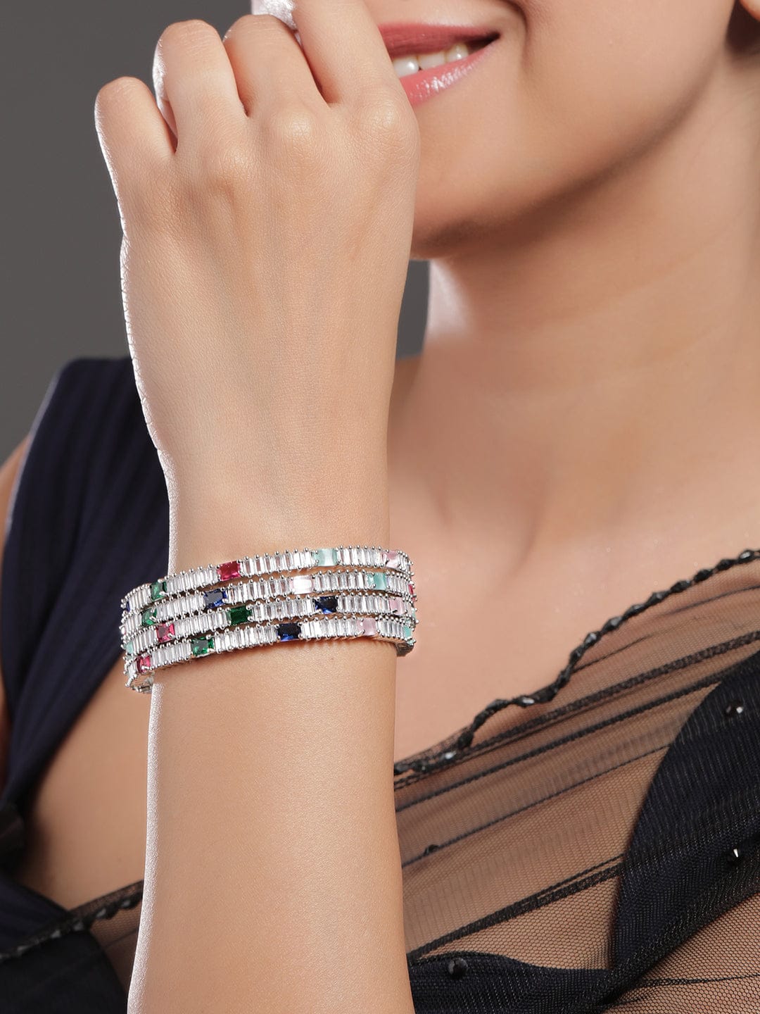Rubans Set of 4 Rhodium-Plated Multicolor AD and Cubic Zirconia Studded Premium Bangles Wristwear
