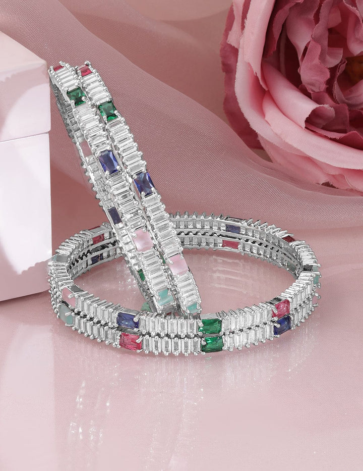 Rubans Set of 4 Rhodium-Plated Multicolor AD and Cubic Zirconia Studded Premium Bangles Wristwear