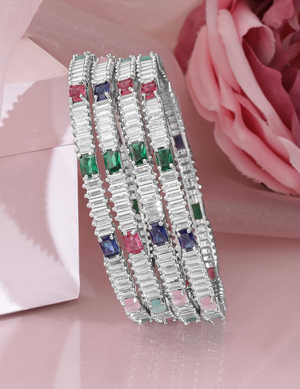 Rubans Set of 4 Rhodium-Plated Multicolor AD and Cubic Zirconia Studded Premium Bangles Wristwear