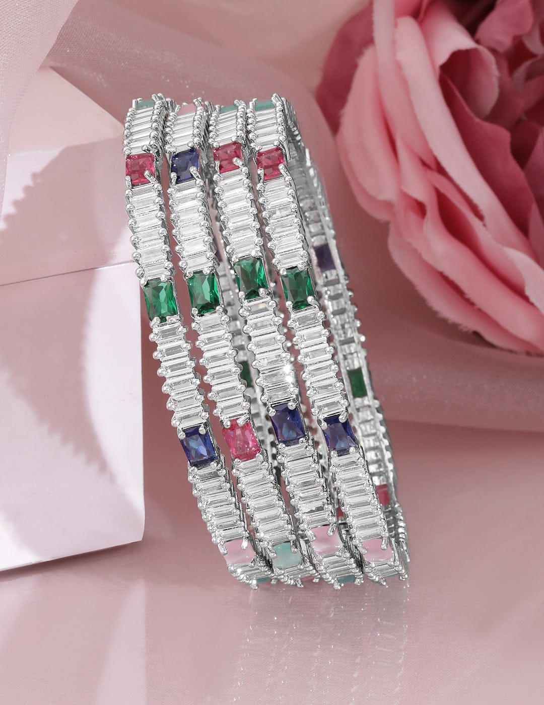 Rubans Set of 4 Rhodium-Plated Multicolor AD and Cubic Zirconia Studded Premium Bangles Wristwear