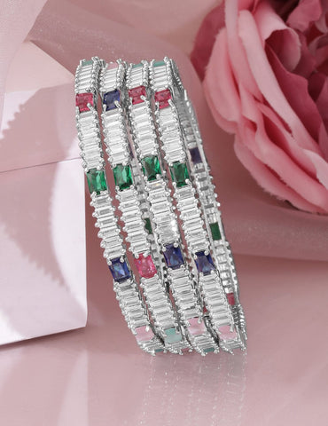 Rubans Set of 4 Rhodium-Plated Multicolor AD and Cubic Zirconia Studded Premium Bangles Wristwear