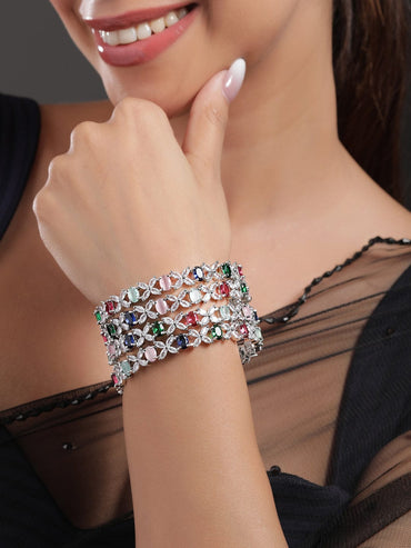 Rubans Set of 4 Rhodium-Plated Multicolor AD & CubicZirconia Studded Floral Design Bangles Wristwear