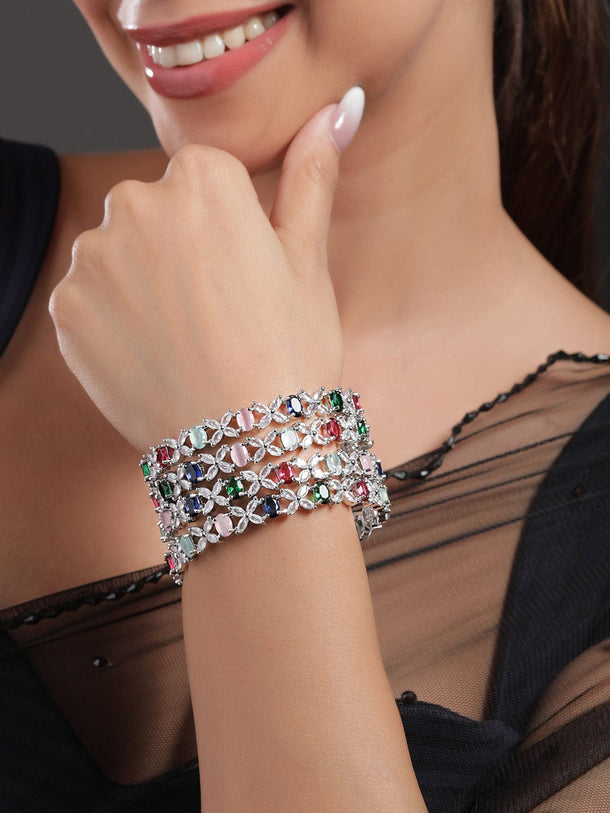 Rubans Set of 4 Rhodium-Plated Multicolor AD & CubicZirconia Studded Floral Design Bangles Wristwear