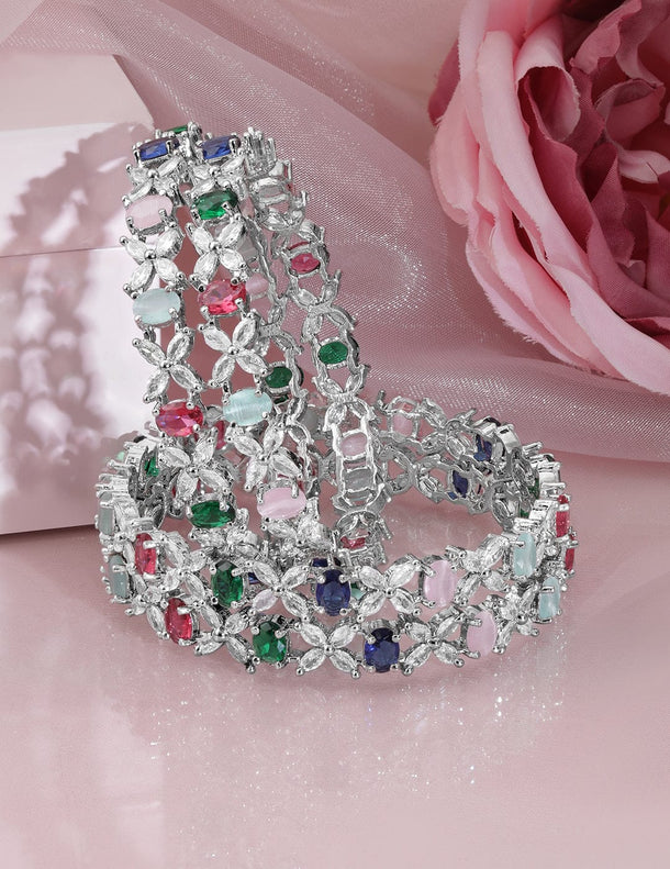 Rubans Set of 4 Rhodium-Plated Multicolor AD & CubicZirconia Studded Floral Design Bangles Wristwear